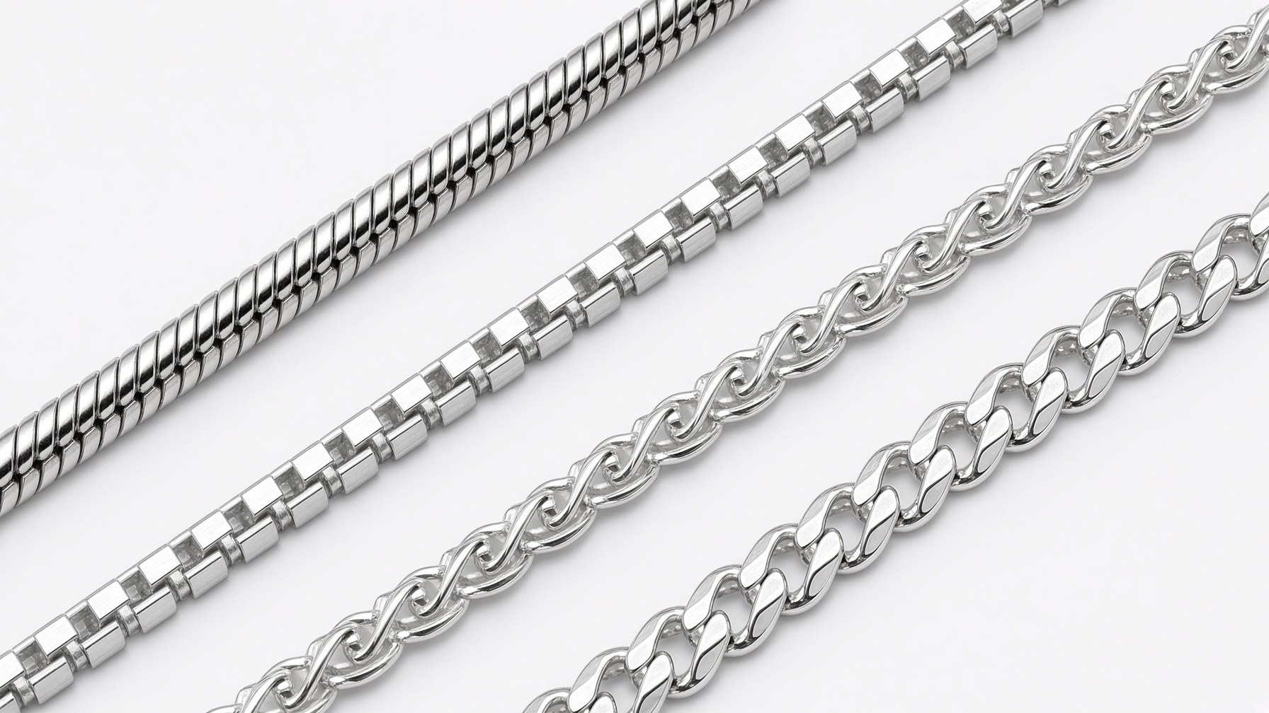 Sterling silver box, rope, wheat, and curb chains
